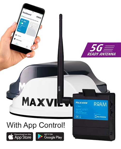 The Maxview Roam 3G, 4G & 5G WiFi system provides WiFi  for motorhomes